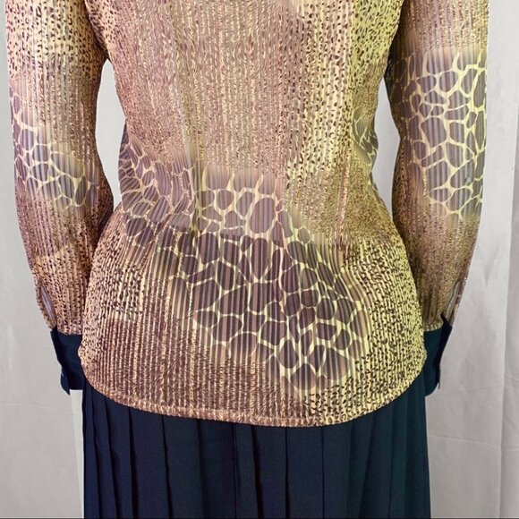 BUTTON DOWN SHIRT ANIMAL PRINT BROWN SHEER CHIFFON TOP LONG SLEEVE  BLOUSE SMALL - Picture 16 of 17